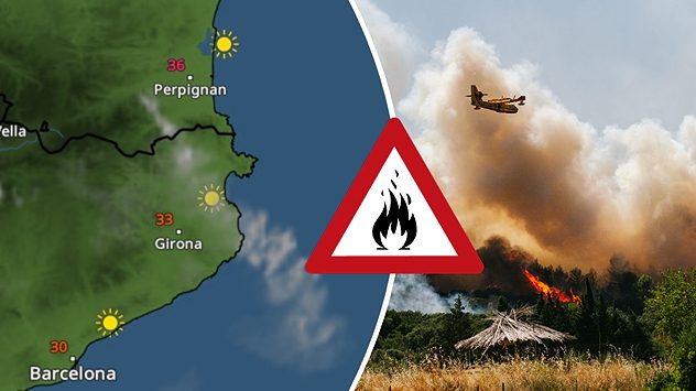 Dvojobraz. Vlevo je meteorologická mapa Francie a Španělska, na které jsou vidět kouřové pruhy z lesních požárů. Vpravo je hasičské letadlo v akci.